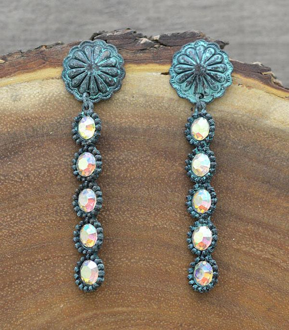 Patina Concho Post Rhinestone Drop Earrings