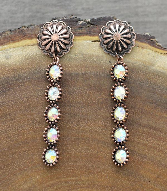 Copper Concho Post Rhinestone Drop Earrings