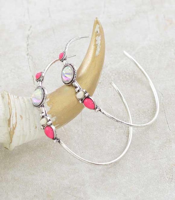 Pink Stone Large Hoop Earrings