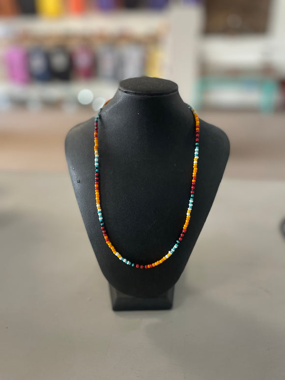 Teal, Red, Yellow with Gold Bead Necklace