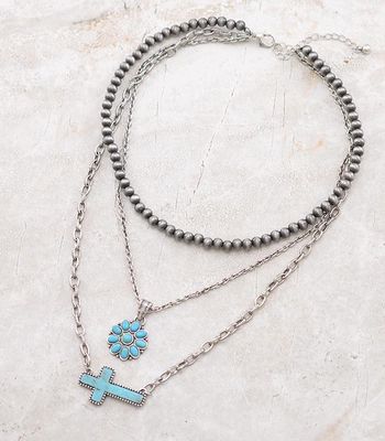 Three Layer Western Turquoise Cross Necklace