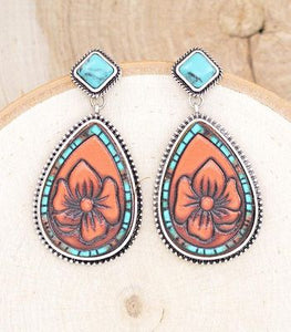 Single Sunflower Tooled Leather Earrings