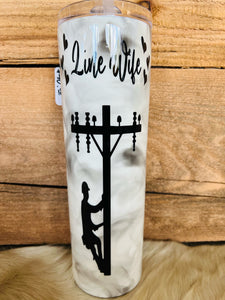 30 oz Skinny- White Paint with Smoke - Line Wife - Lineman on the Pole - Black Vinyl