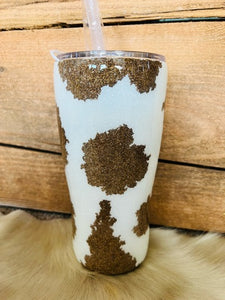 20 oz Skinny Tumbler - Cow Hide - Black and Brown Glitter