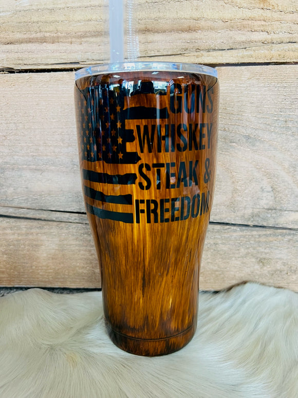 30 oz Regular Tumbler - Guns, Steak, Whiskey and Freedom, Flag - Black Vinyl