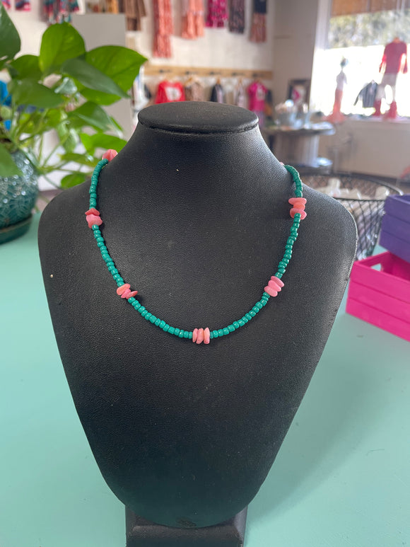 Blue Beaded Necklace w/ Pink Stones