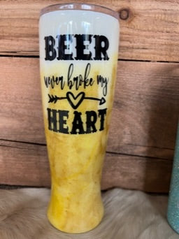 30 oz Beer Flute - White Top (Foam) Yellow and Light Brown (Beer) Bottom - Broke My Heart - Black Image