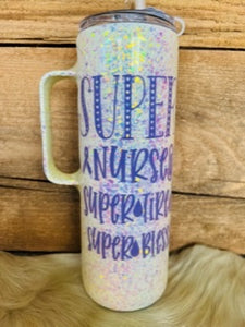 20 oz Skinny Handle Tumbler - White Glitter - Super Nurses, Super Tired, Super Blessed - Light Purple Vinyl