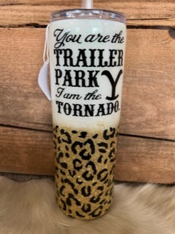 20 oz Skinny - White Top Glitter, Cheeta Gold Bottom - You’re the Trailer Park - Black Vinyl