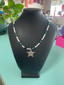 Turquoise & White Beaded Necklace w/ Star Charm