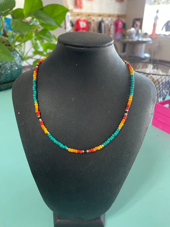 Blue, Red, & Orange Beaded Necklace