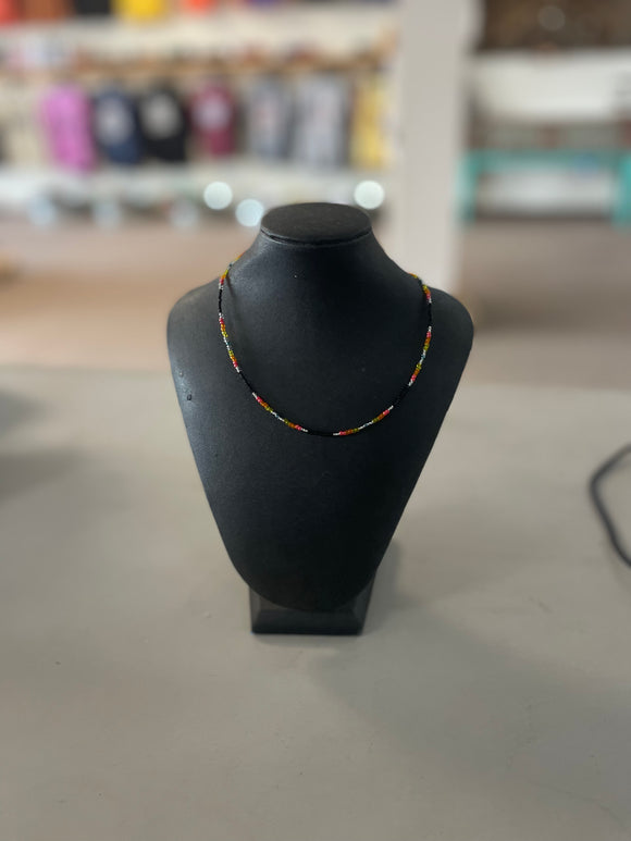 Beaded Necklace with black yellow red & silver