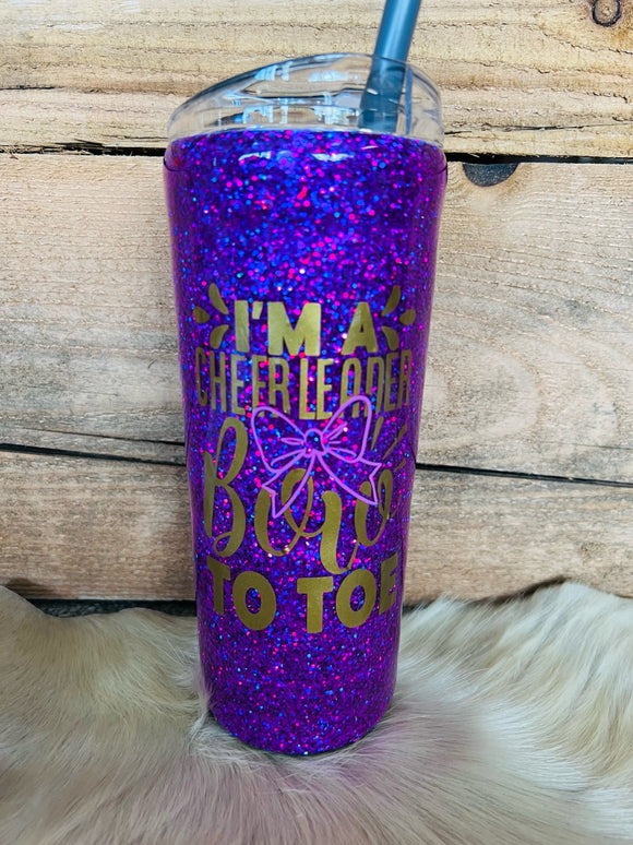 Bubba - 25oz - Purple Glitter - I'm a Cheerleader Bow to Toe - Pink and Gold Vinyl