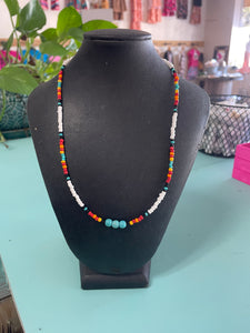 White Multicolor Beaded Necklace w/ Turquoise Stones