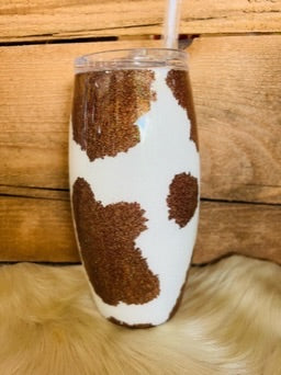 25 OZ Fumbler - Brown and White Cow Hide