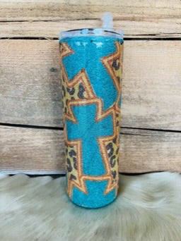 20 oz Skinny - Teal Crosses with Cheeta Pink and Orange Outline
