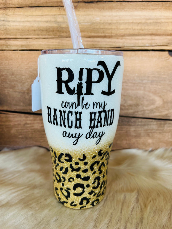 30 oz Skinny- White Top with Gold Cheeta-R!p Can Be My Ranch Hand Any Day