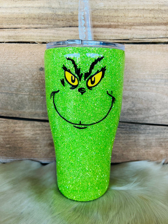 30 oz Regular Tumbler - Bright Green Glitter- G-Face Front- Stink, Stank, Stunk