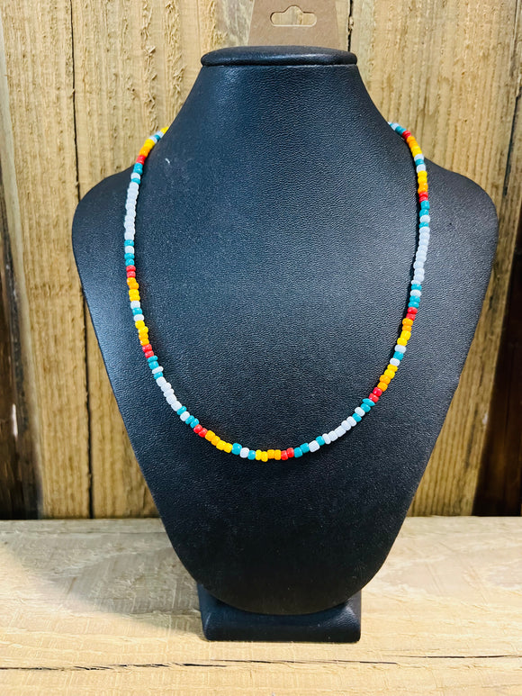 White Turquoise Red and Orange Beaded Necklace