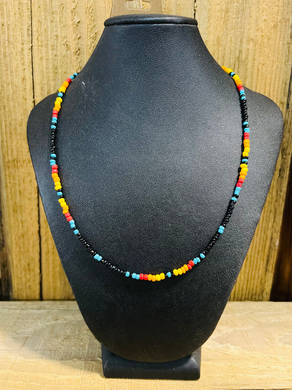 Black Turquoise Red and Orange Beaded Necklace