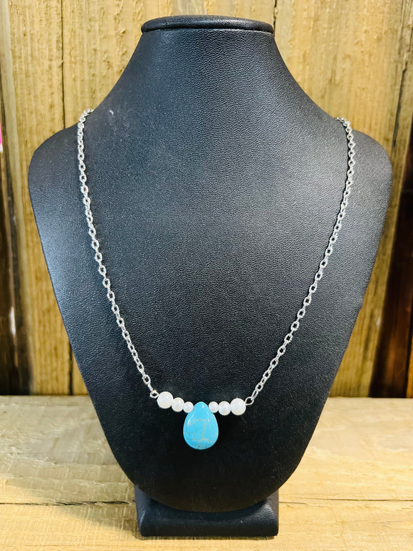 Turquoise Teardrop and Pearl Necklace