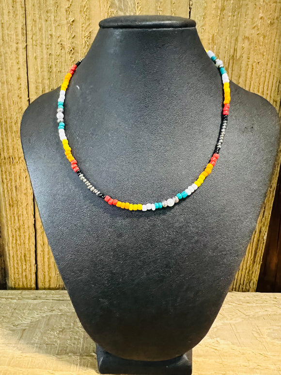 White Black Turquoise Red and Orange Beaded Necklace