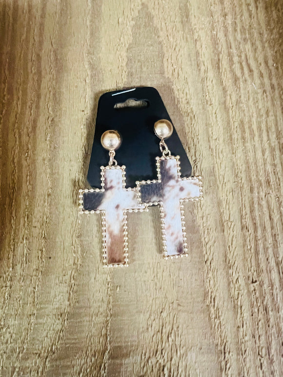 Western Cowhide Cross Earrings
