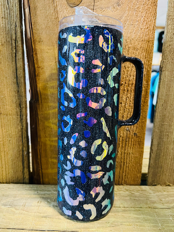 30 OZ Skinny with Handle - Black Glitter and Holo Cheetah