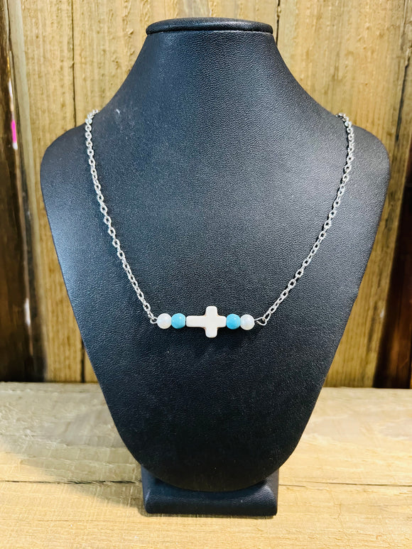Turquoise and Pearl Necklace with Cross