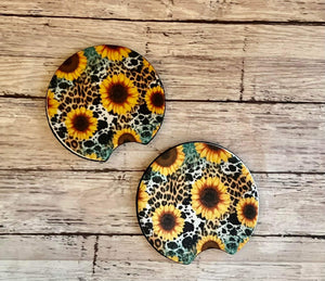 Sunflower and Leopard Print Neoprene Auto Coaster Set