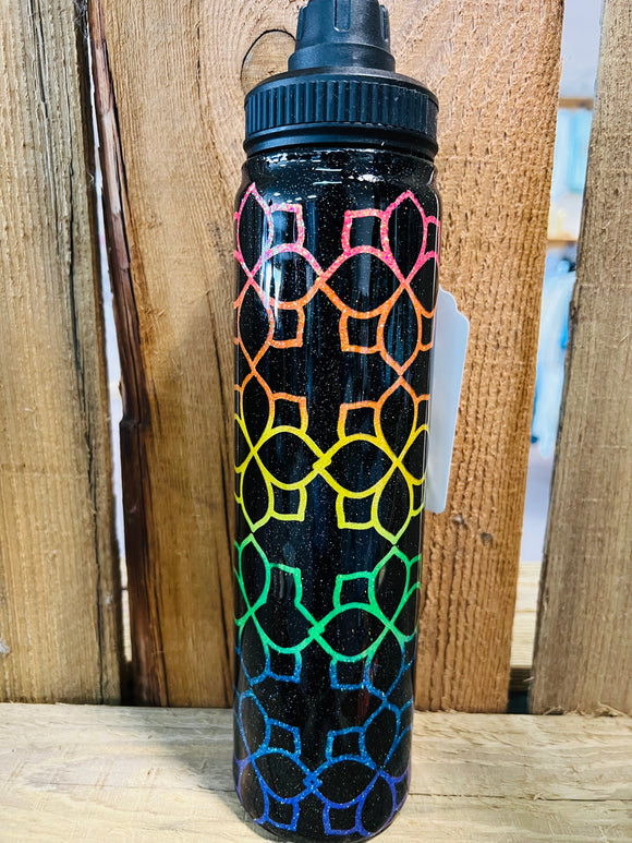 25 OZ Thermos - Black with Rainbow Flowers