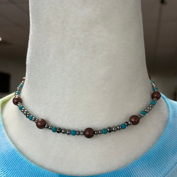 Brown, Silver, & Turquoise Navajo Bead Necklace