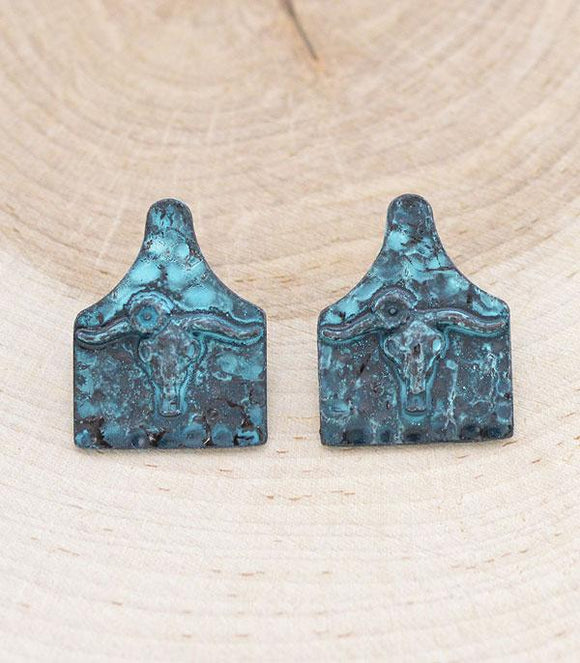 Western Longhorn Cattle Tag Earrings | Patina