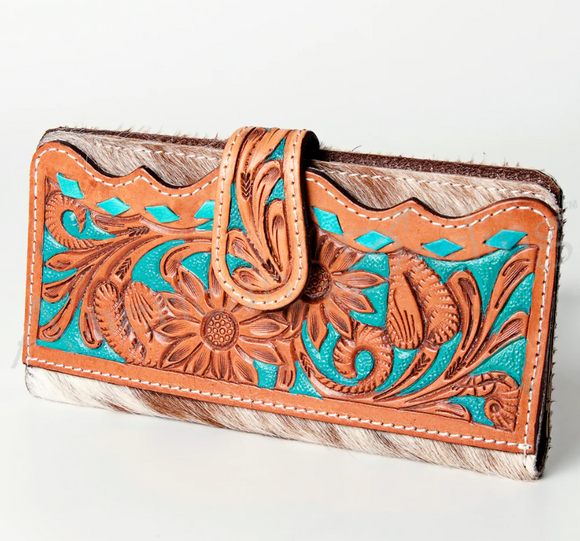 Teal Tooled Leather and Cowhide Wallet