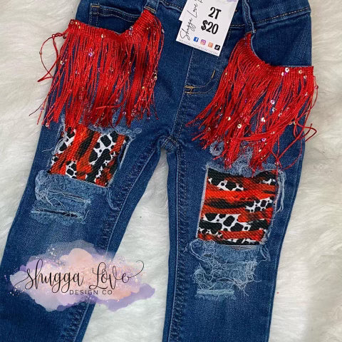 Red Leopard Fringe Jeans