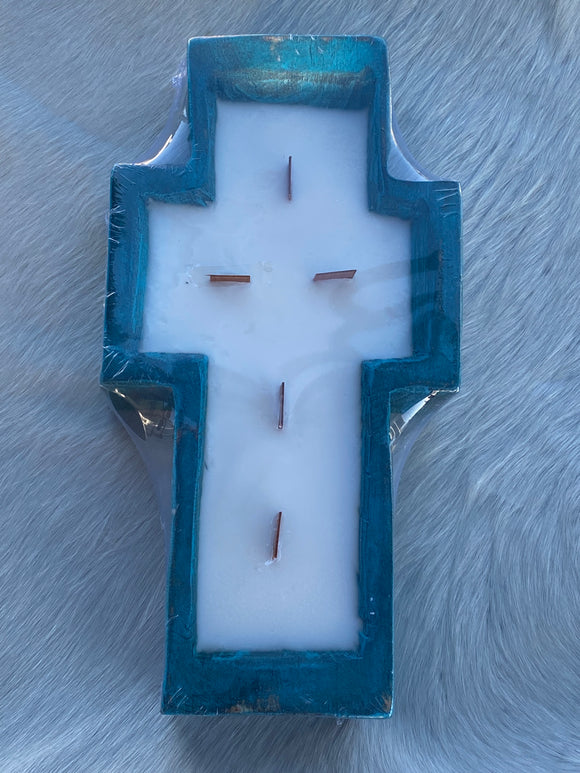 Turquoise Wooden Cross Candle