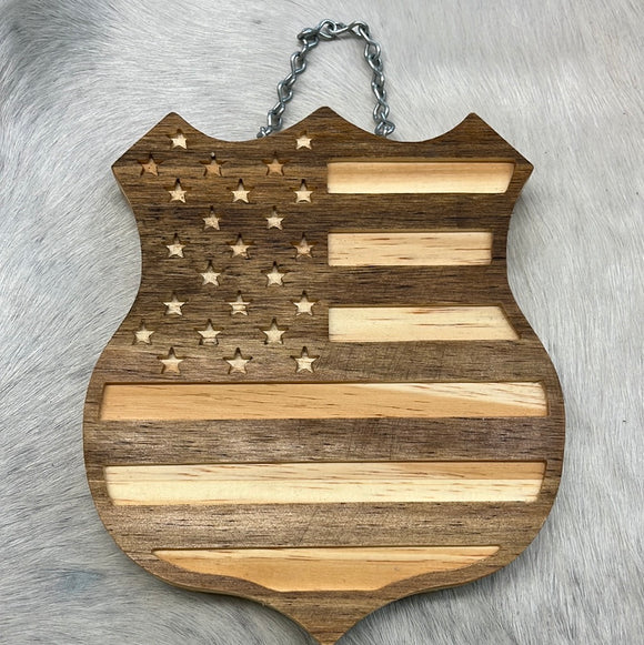 Blue Shield Hanging Wood Sign