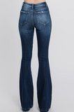 Distressed Mid Rise Stretch Flare Jeans With Trouser Hem
